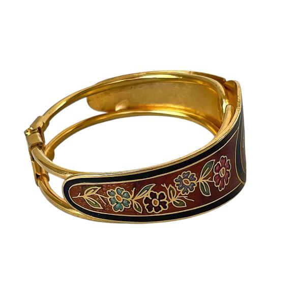80s Gold Plate Multicolor Cloisonné Enamel Butterfly Floral Motif Hinge Bracelet - Picture 2 of 7